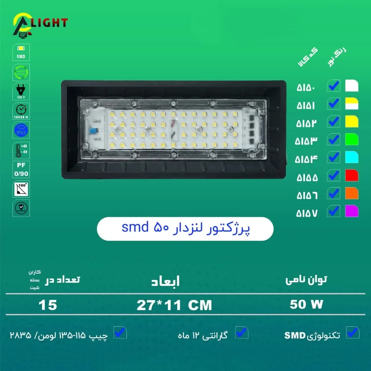 عمده پرژکتور ۵۰ وات لنزدار SMD | تولید ایران با ۱۲ ماه گارانتی — تصویر ۳