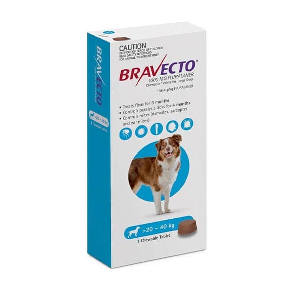 قرص براوکتو ضد کک و کنه سگ نژاد بزرگ 20 تا 40 کیلوگرم Bravecto