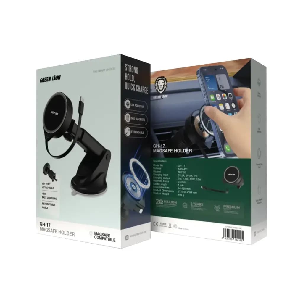 هولدر و شارژر مگ‌سیف خودرو گرین لاین GH 17 | خروجی 5/7.5/10/15W، بازوی قابل تغییر 94–120mm، کابل جمع‌شونده