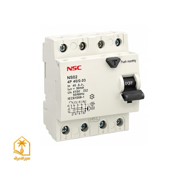 کلید محافظ جان سه فاز چهارپل 40 آمپر – 30میلی آمپر برند NSC مدل A60L-4P 40A 30mA — تصویر ۴
