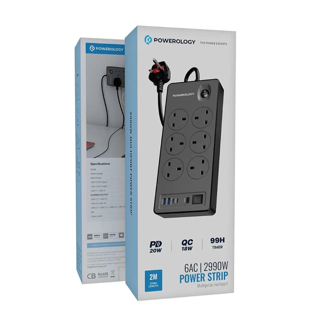 چندراهی برق پاورولوژی مدل PWCUQC046BK ظرفیت ۲۹۹۰ وات با ۶ پریز و ۲ USB — تصویر ۲