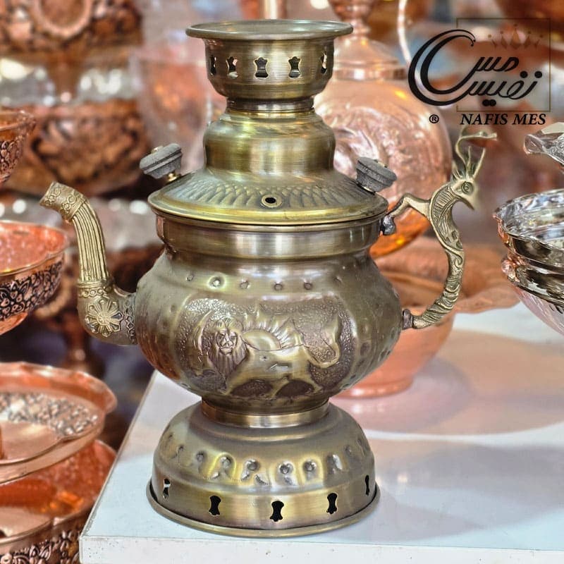 کتری شکاری ذغالی برنجی آنتیک طرح عدسی
