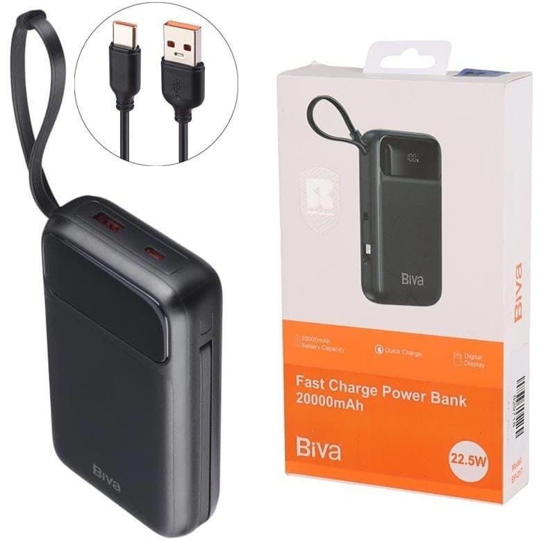 پاوربانک 20000 بیوا Biva BP-017 توان 22.5 وات همراه کابل متصل