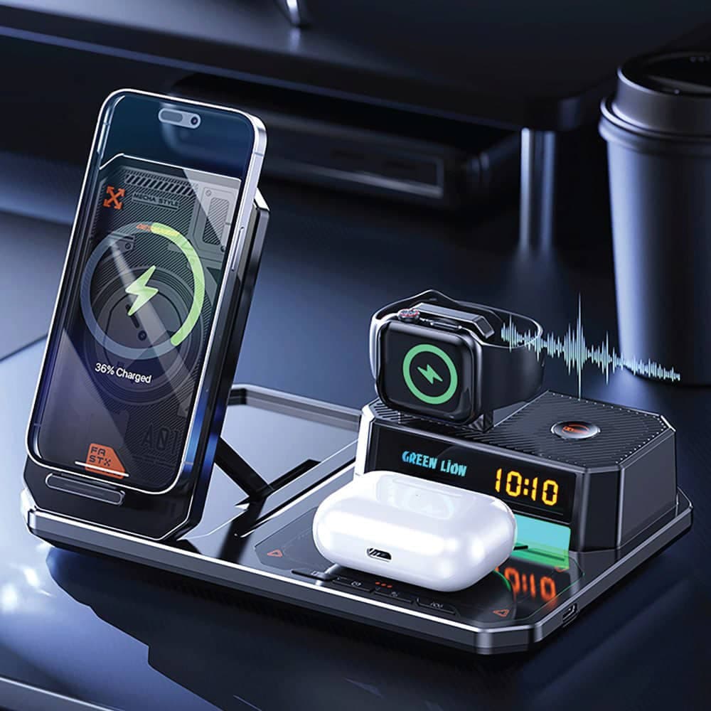 شارژر وایرلس 6 کاره گرین لاین 15 وات مدل Green Lion 6 in 1 Multifunctional Wireless Charger 15W GN6IN1MFWCBK — تصویر ۳