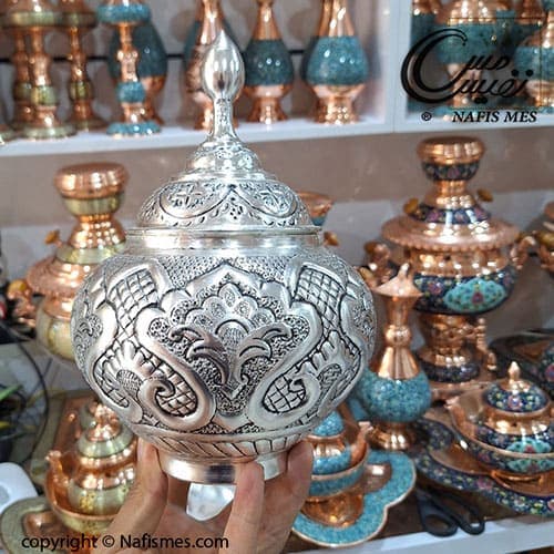 آجیل خوری درب دار بدون پایه آب نقره قلم مدل نفیس — تصویر ۲