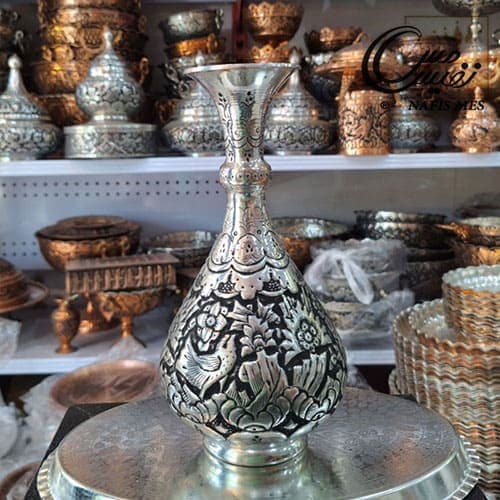 گلدان مس سفید قلم کاری شده مدل نفیس
