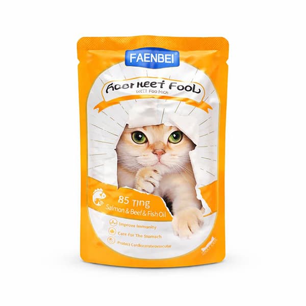 پوچ گربه فنبی طعم سالمون و گوشت گاو با روغن ماهی ۸۵ گرمی