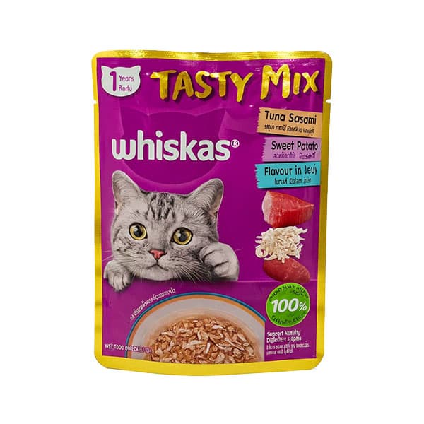 غذای مرطوب گربه ویسکاس Tasty Mix طعم تن ساشیمی و سیب‌زمینی شیرین وزن 80 گرم