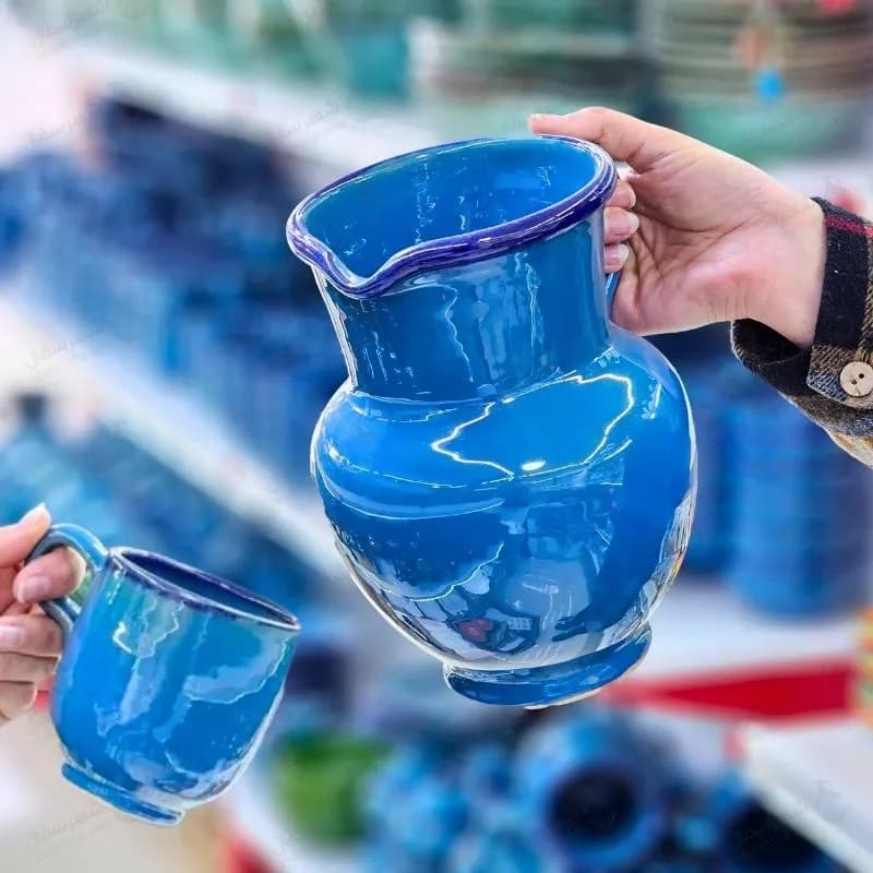 پارچ و لیوان سفالی آبی فیروزه در دو سایز