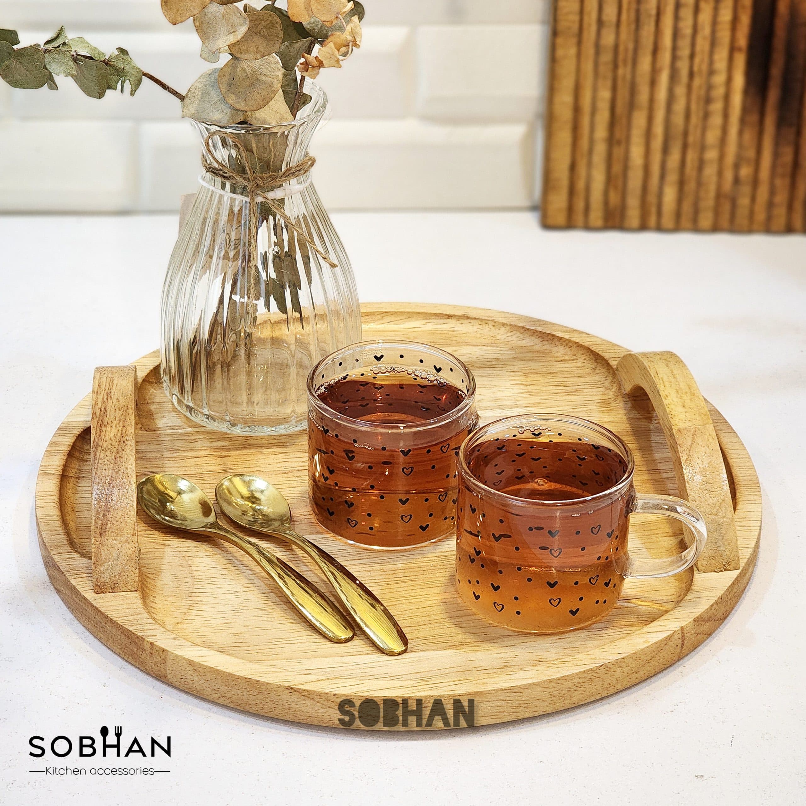 سینی چوبی دسته دار مدل گرد