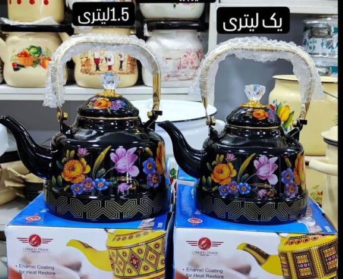 کتری لعابی مشکی طرح گل