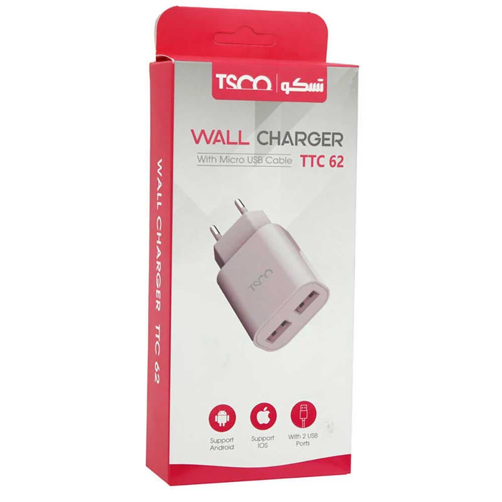 شارژر دیواری تسکو مدل Tsco TTC 62همراه کابل تبدیل microUSB