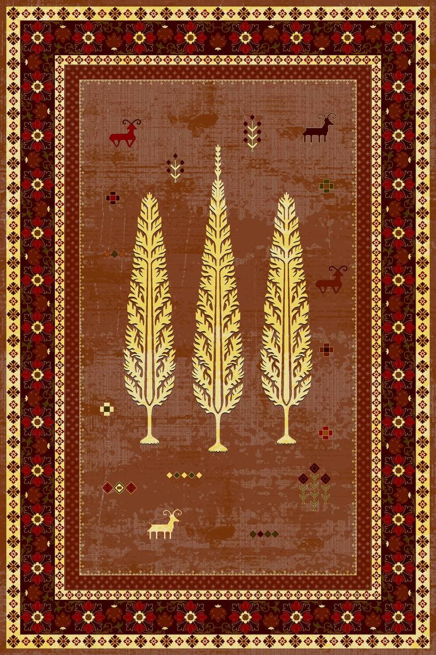 زیر سفره ای مخمل پورشه طرح سنتی قهوه‌ای طلایی فرمهر کد tbt-f13837
