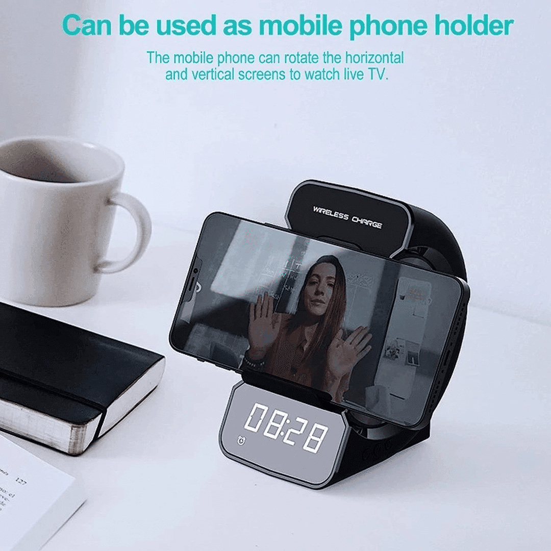 هولدر موبایل همراه با شارژر وایرلس و اسپیکر و ساعت دیجیتال مدل sam02 — تصویر ۴