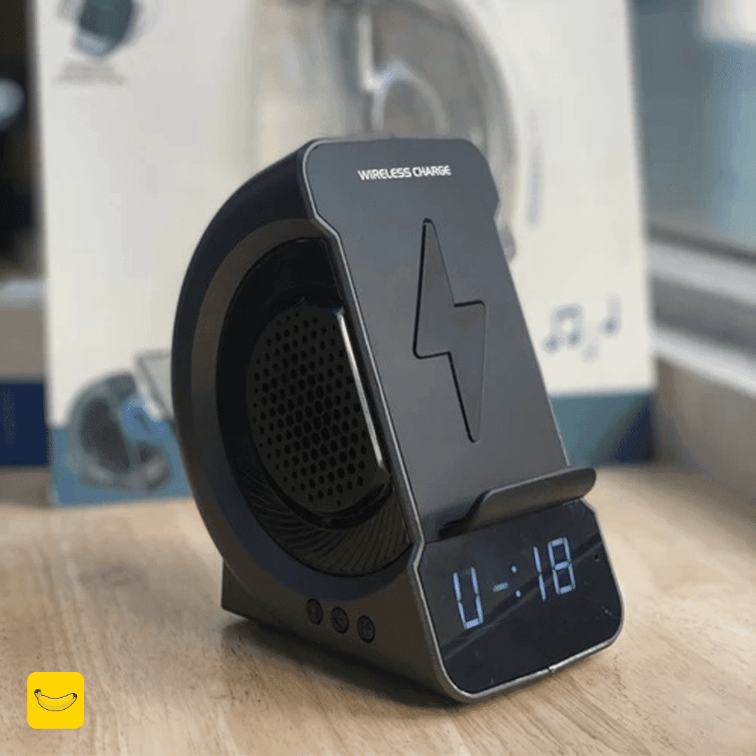 هولدر موبایل همراه با شارژر وایرلس و اسپیکر و ساعت دیجیتال مدل sam02 — تصویر ۳