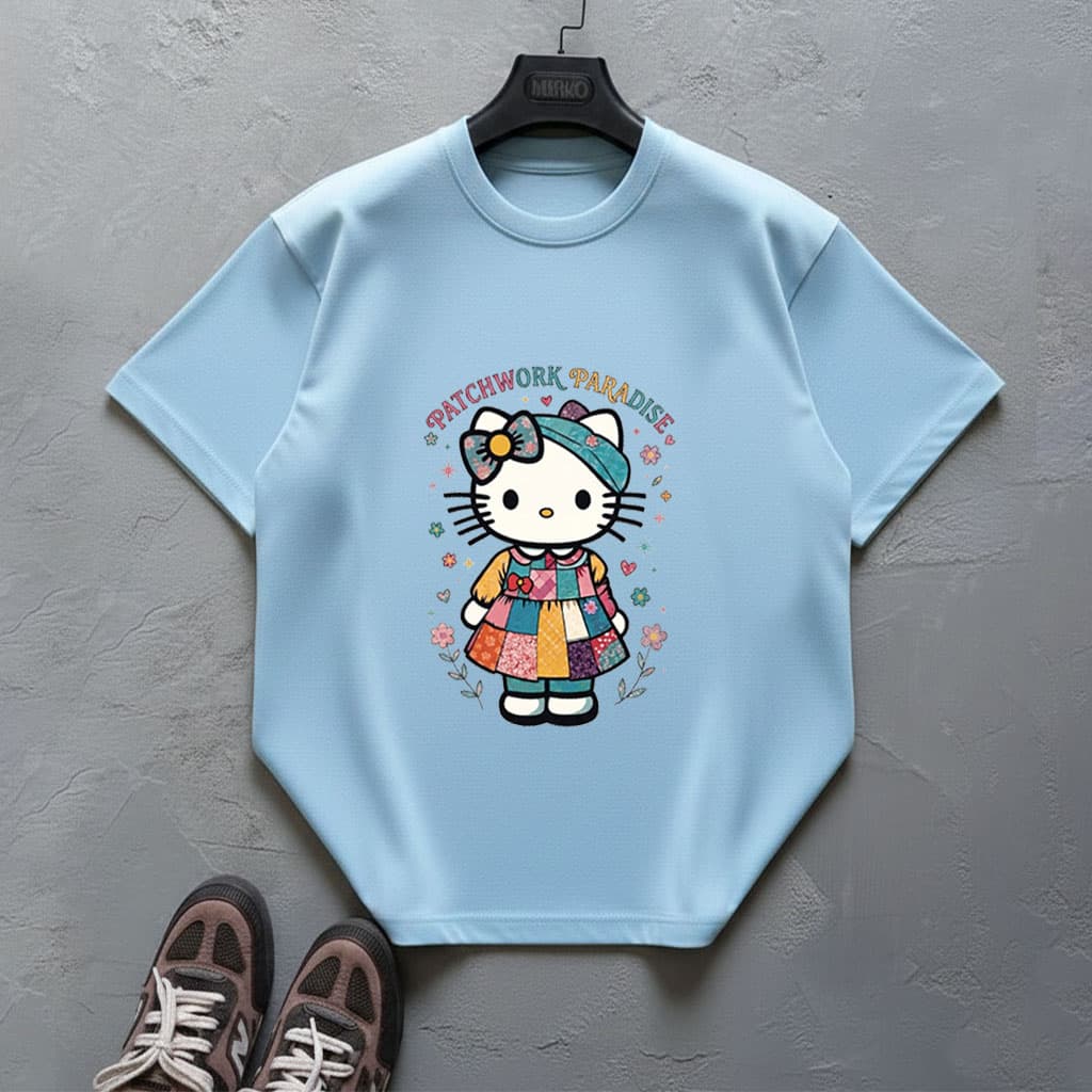 تیشرت دخترانه و زنانه طرح Colorful Kitty | جنس دونخ پنبه | رنگ آبی یخی