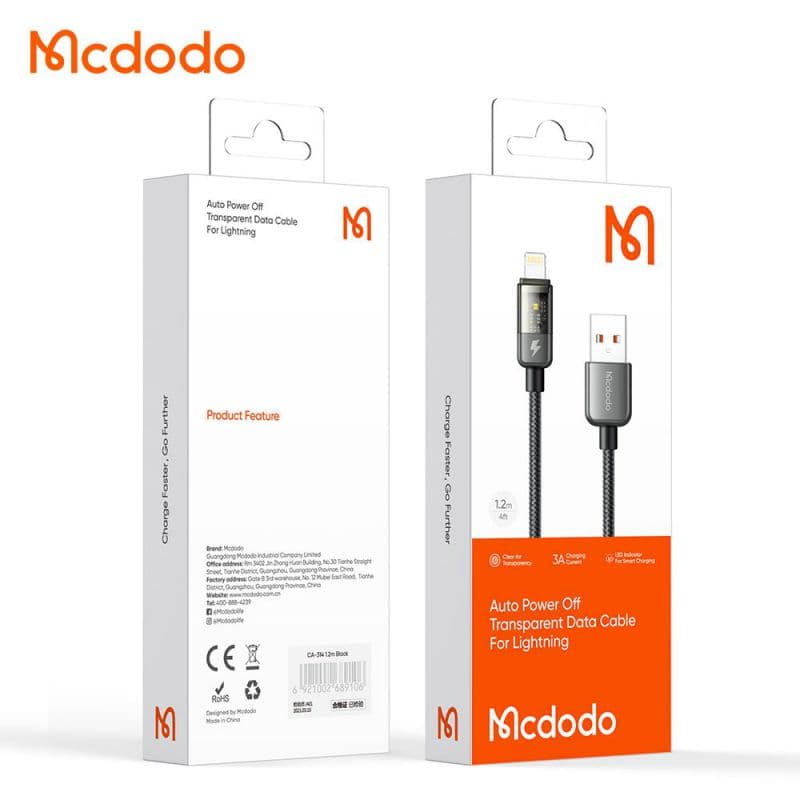کابل شارژ هوشمند لایتنینگ 3 آمپر مک دودو مدل CA-3141 و MCDODO CA-3140 طول 1.2 و 1.8 متر — تصویر ۵