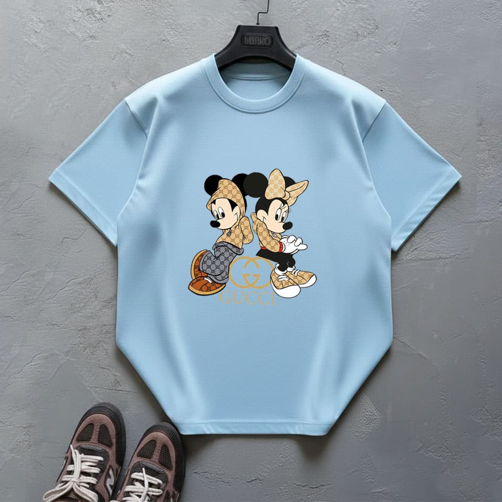تیشرت دخترانه و زنانه طرح Mickey & Minnie | برش باکسی | رنگ آبی یخی