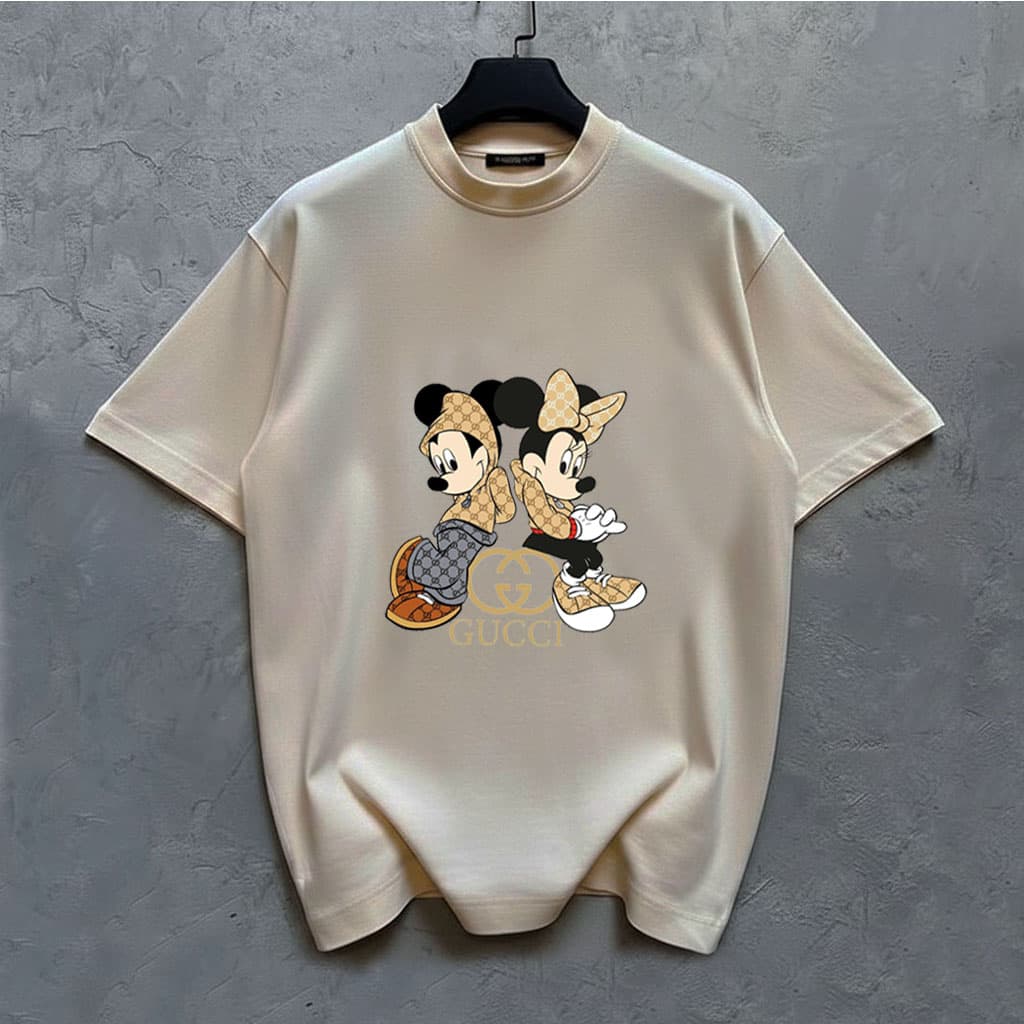 تیشرت دخترانه و زنانه طرح Mickey & Minnie | برش باکسی | رنگ کرمی