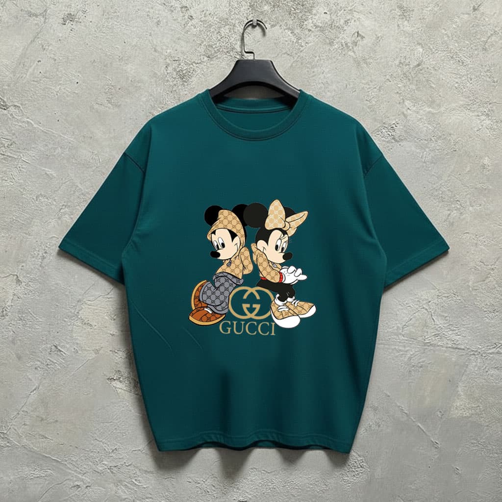 تیشرت دخترانه و زنانه طرح Mickey & Minnie | برش باکسی | رنگ سبز