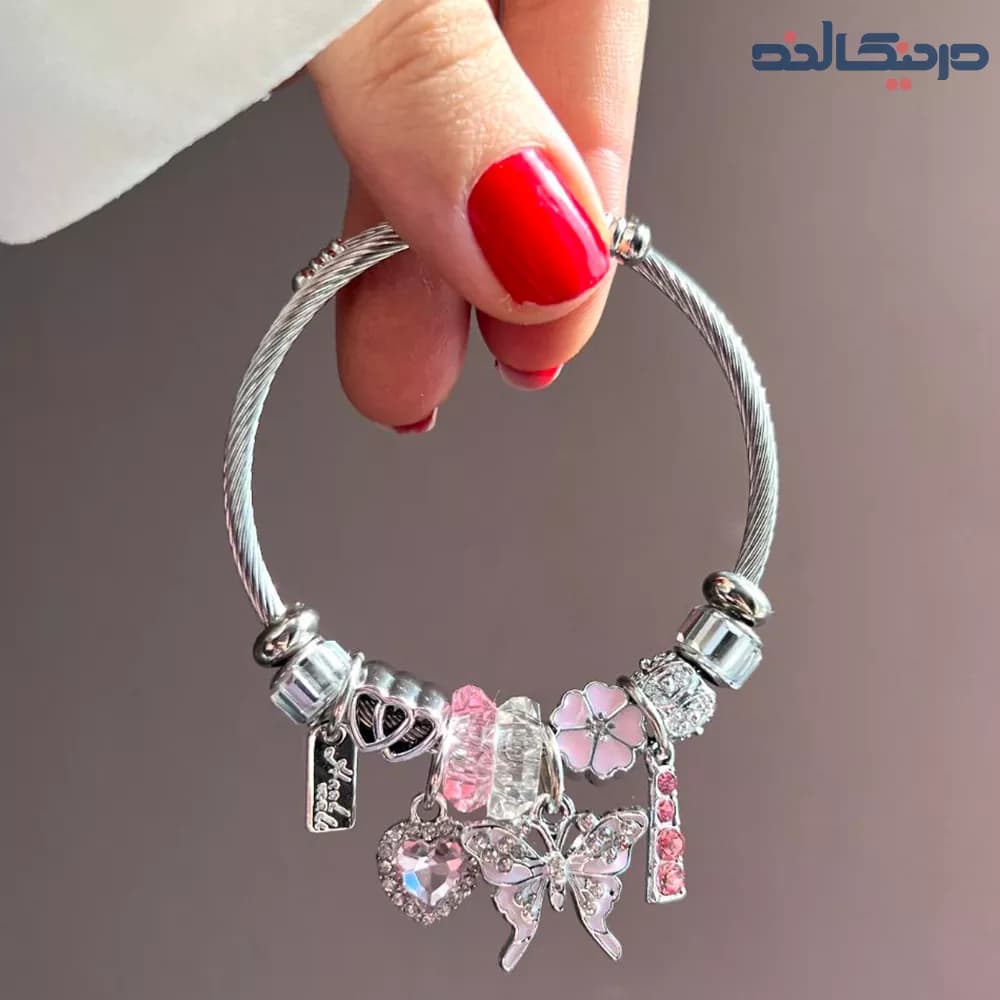 دستبند پاندورا طرح پروانه صورتی + استیل — تصویر ۲