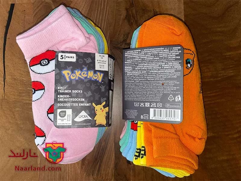 مجموعه ۵ جفتی جوراب نخی رنگی طرح Pokemon صورتی زرد سبز ابی نارنجی — تصویر ۲