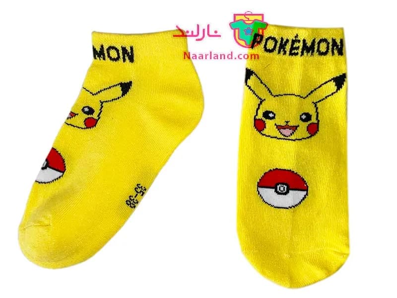 مجموعه ۵ جفتی جوراب نخی رنگی طرح Pokemon صورتی زرد سبز ابی نارنجی — تصویر ۳