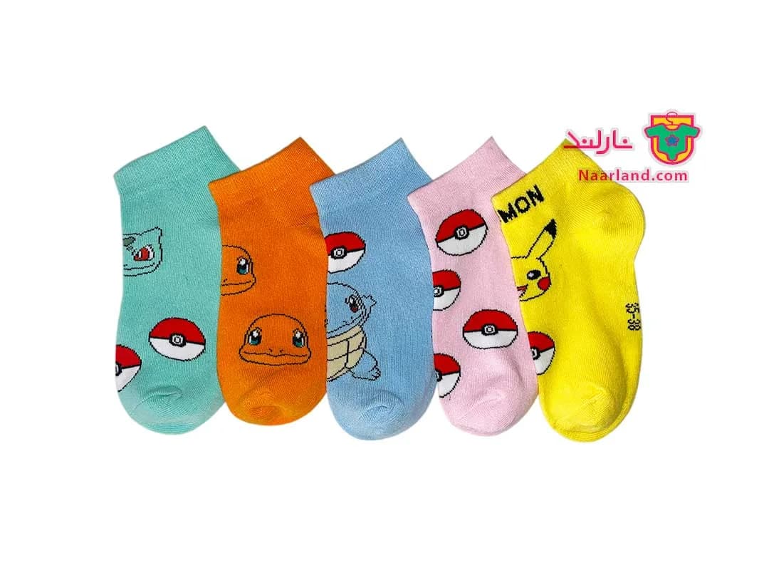 مجموعه ۵ جفتی جوراب نخی رنگی طرح Pokemon صورتی زرد سبز ابی نارنجی