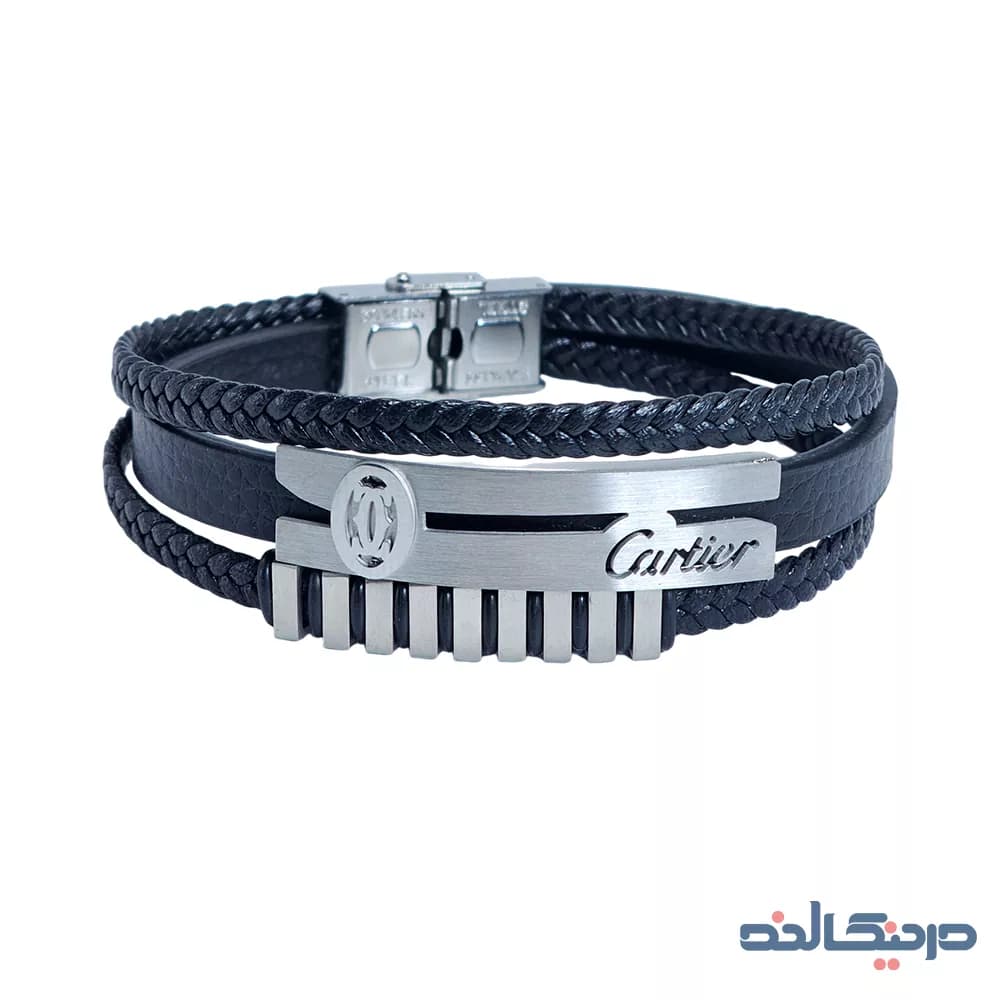 دستبند چرم مردانه کارتیر سه لایه + پلاک استیل