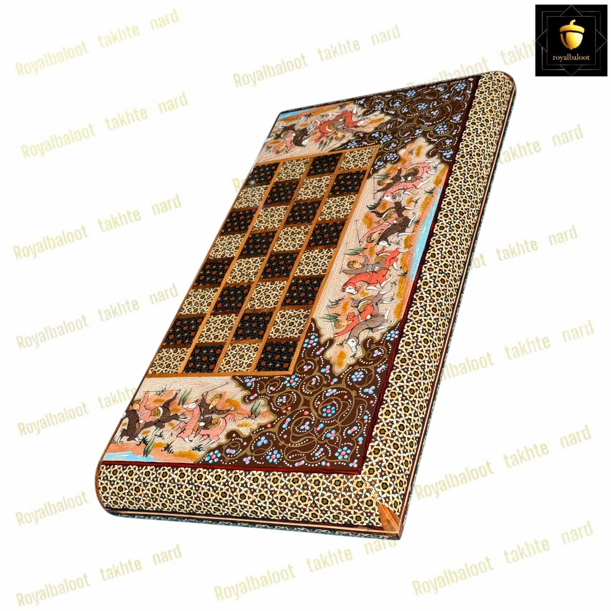 تخته نرد و شطرنج خاتم کاری با نگارگری ایرانی کد 560 — تصویر ۳