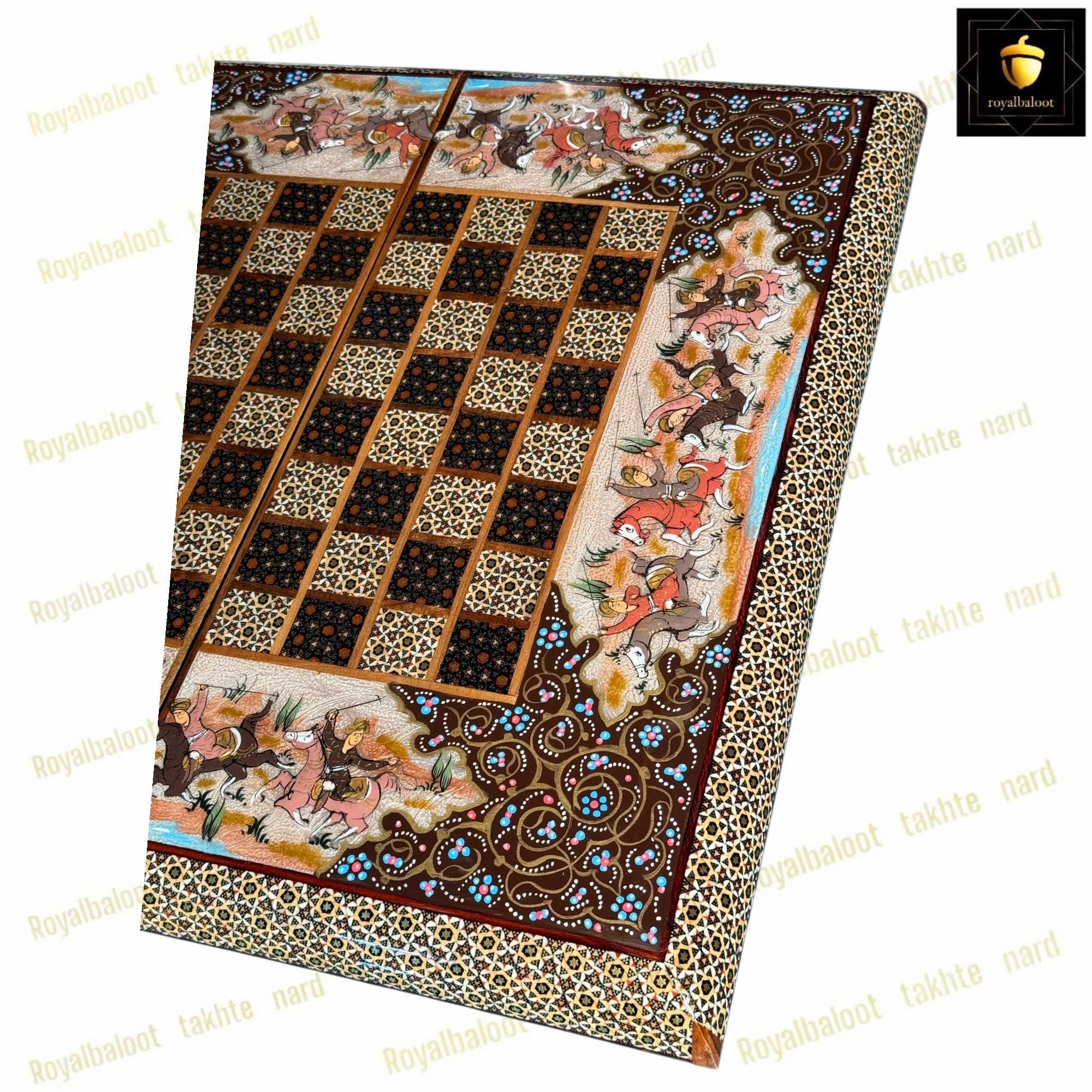 تخته نرد و شطرنج خاتم کاری با نگارگری ایرانی کد 560 — تصویر ۸