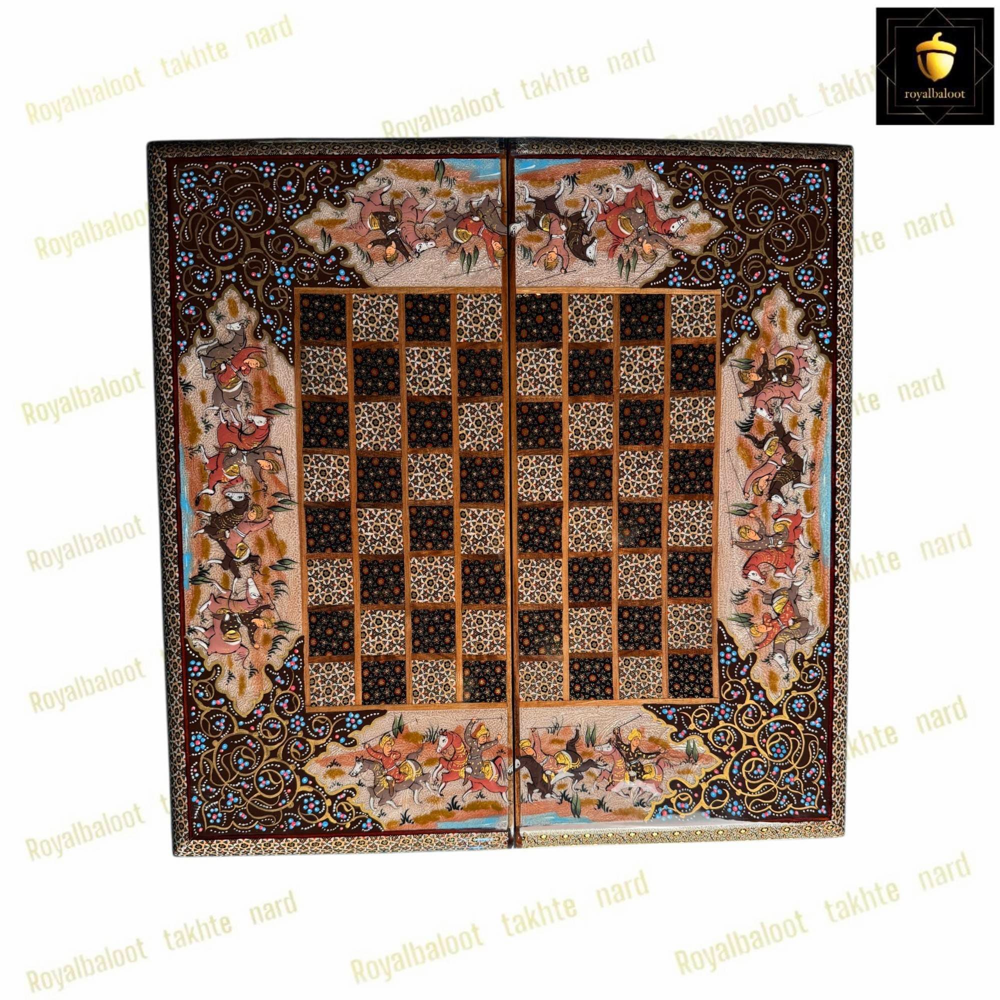 تخته نرد و شطرنج خاتم کاری با نگارگری ایرانی کد 560 — تصویر ۲