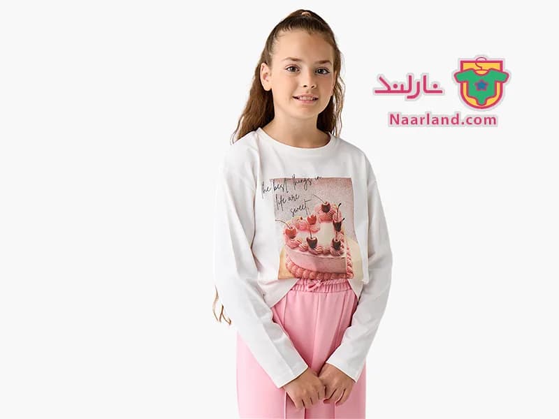 تیشرت کراپ آستین بلند نخی برند Juniors سفید طرح کیک