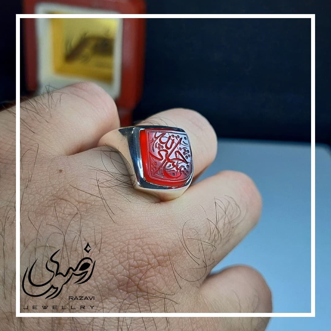 ست انگشتر نقره مردانه و زنانه عقیق سرخ نقطه با حکاکی حسبی الله — تصویر ۳