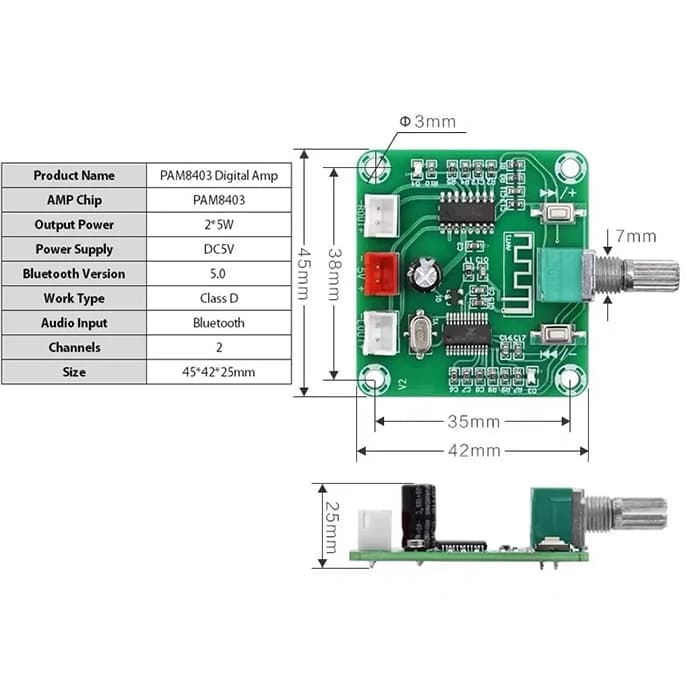 ماژول آمپلی فایر 6 وات PAM8403 درای بلوتوث صوتی مدل CA-8403B — تصویر ۳