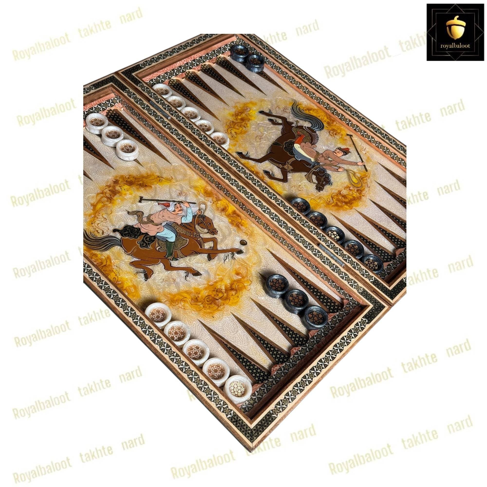 تخته نرد و شطرنج خاتم نقاشی چوگان رنگ گرم کد 643 — تصویر ۵