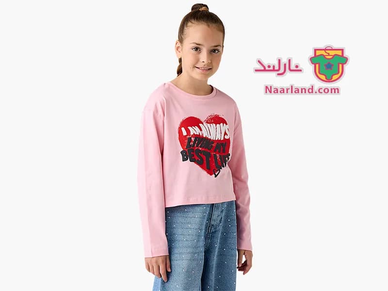 تیشرت کراپ آستین بلند نخی برند Juniors صورتی طرح قلب قرمز
