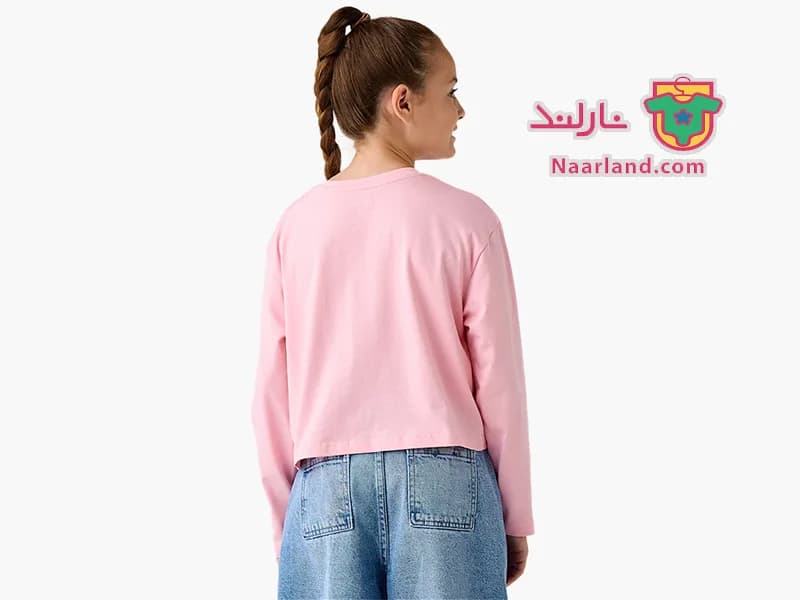 تیشرت کراپ آستین بلند نخی برند Juniors صورتی طرح قلب قرمز — تصویر ۴