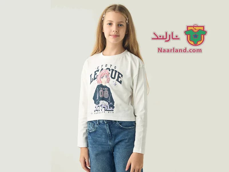 تیشرت کراپ آستین بلند نخی برند Juniors سفید طرح انیمه