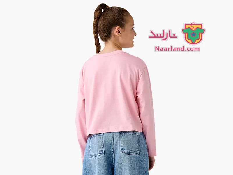تیشرت کراپ آستین بلند نخی برند Juniors صورتی طرح قلب پلنگی — تصویر ۴