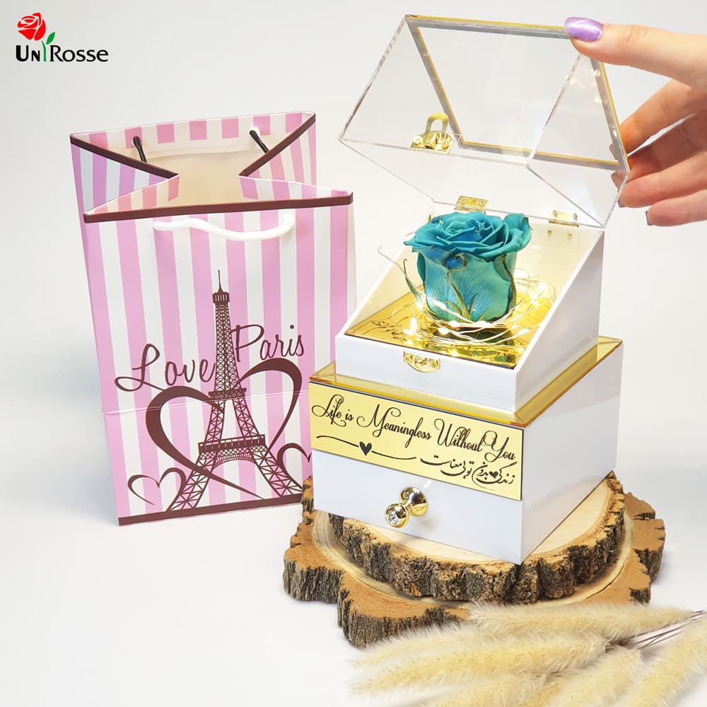 باکس گل رز جاودان مدل گنجینه کشودار سفید — تصویر ۴