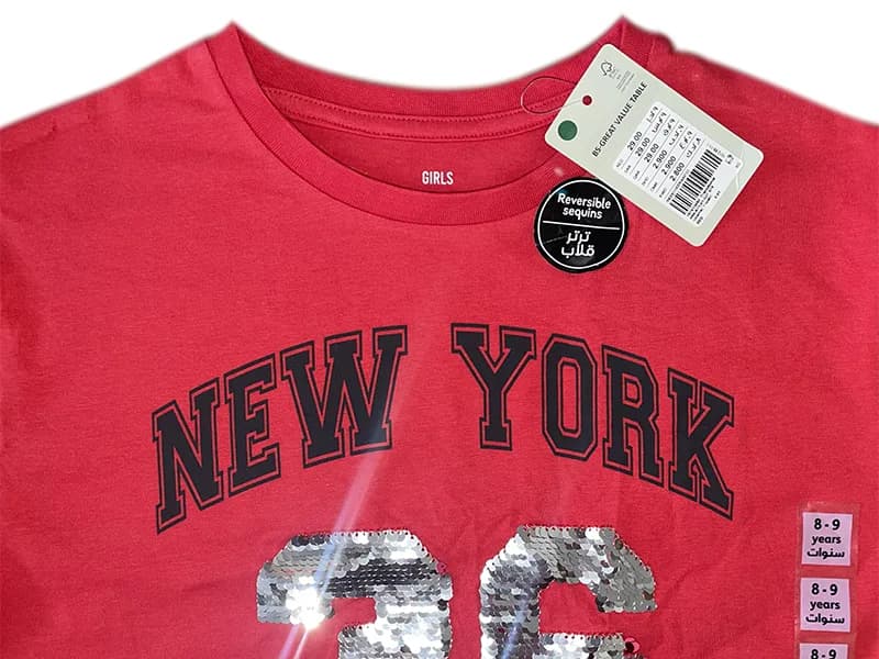 تیشرت کراپ آستین بلند نخی برند Juniors قرمز پولک برگردان new york 36 — تصویر ۵