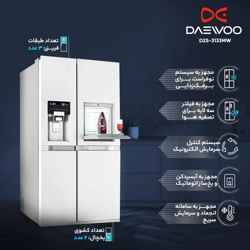 یخچال ساید بای ساید 33 فوت دوو مدل DS-3325Mw سفید — تصویر ۹