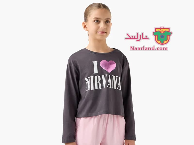 تیشرت کراپ آستین بلند نخی Nirvana نوک مدادی طرح قلب