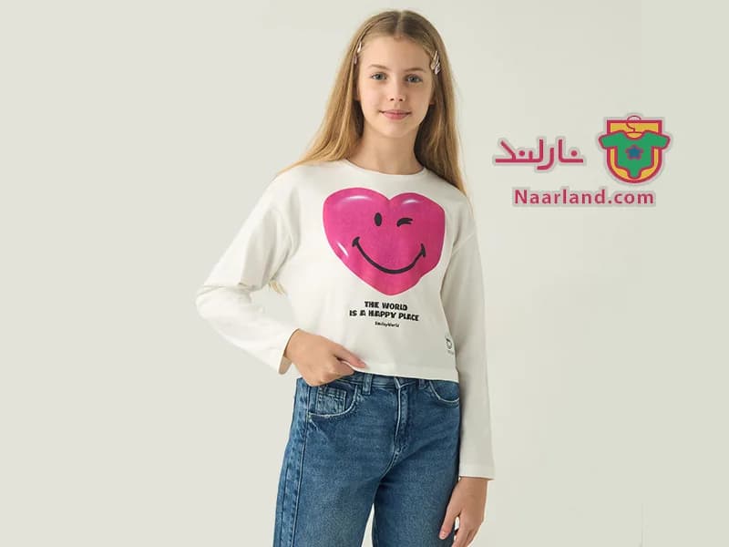 تیشرت کراپ آستین بلند نخی Smiley World سفید طرح قلب