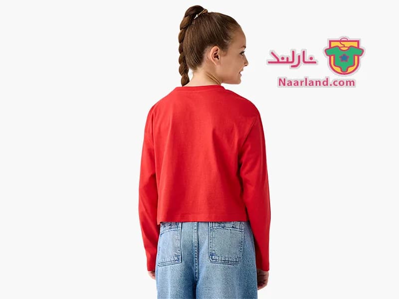 تیشرت کراپ آستین بلند نخی برند Juniors قرمز طرح آلبالو — تصویر ۳