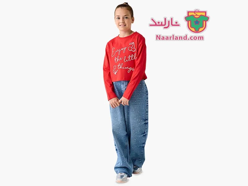 تیشرت کراپ آستین بلند نخی برند Juniors قرمز طرح آلبالو — تصویر ۴