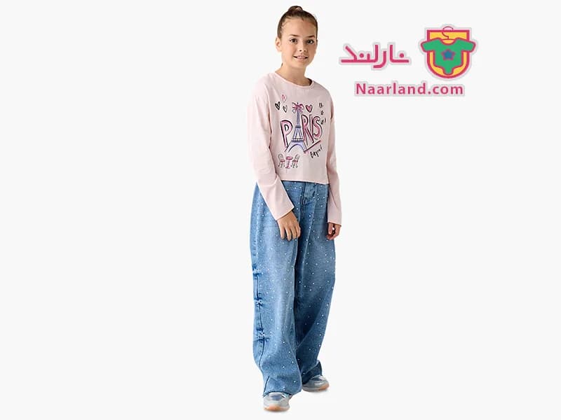 تیشرت کراپ آستین بلند نخی برند Juniors صورتی روشن طرح Paris — تصویر ۳