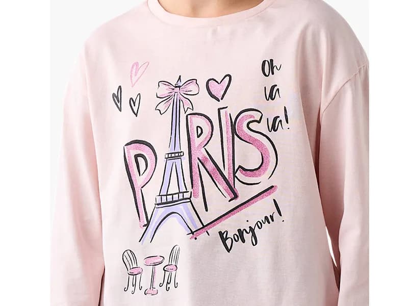 تیشرت کراپ آستین بلند نخی برند Juniors صورتی روشن طرح Paris — تصویر ۲