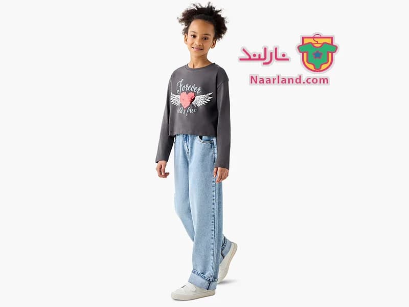 تیشرت کراپ آستین بلند نخی برند Juniors طوسی طرح پولک برگردان قلب — تصویر ۳